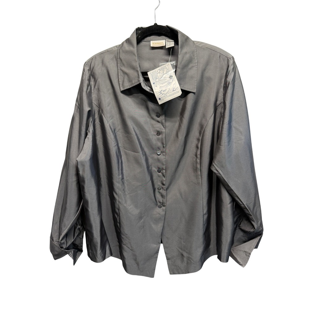 NWT Roamans Gray Silk Button Front Blouse Plus Size 26 Long Sleeve Collared
